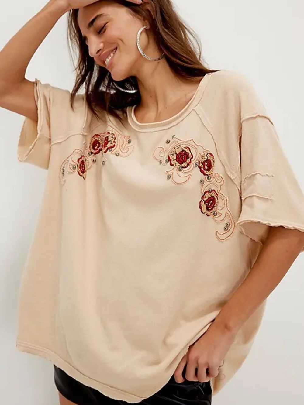 Free People We The Free Harper Tee Parchment Ivory Floral Oversized Shirt Top